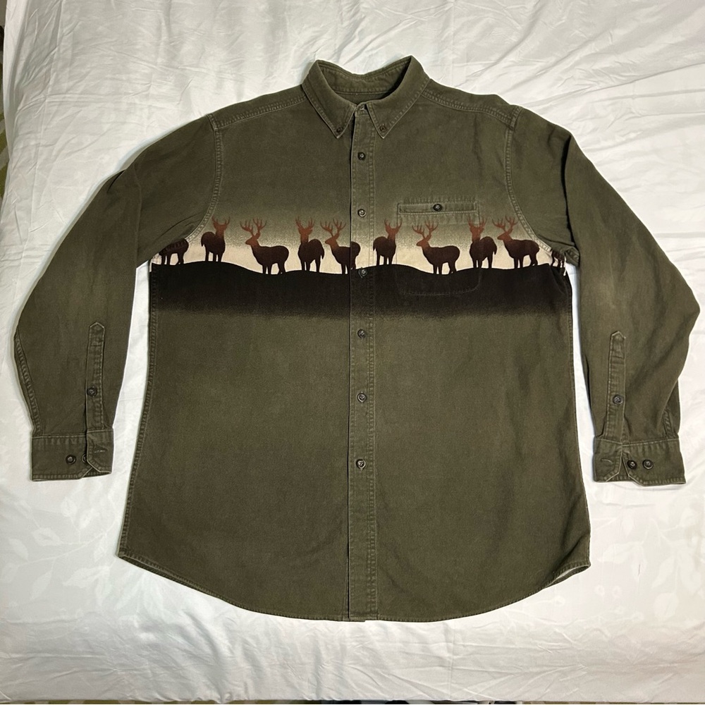 Vtg Woolrich Flannel Shirt Mens XL Olive Green Wrap Around Deer Print Chamois - Picture 2 of 7